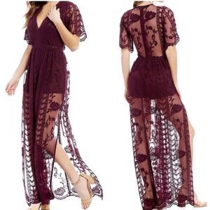Nordstrom Socialite Burgundy Embroidery and Lace Romper Dress